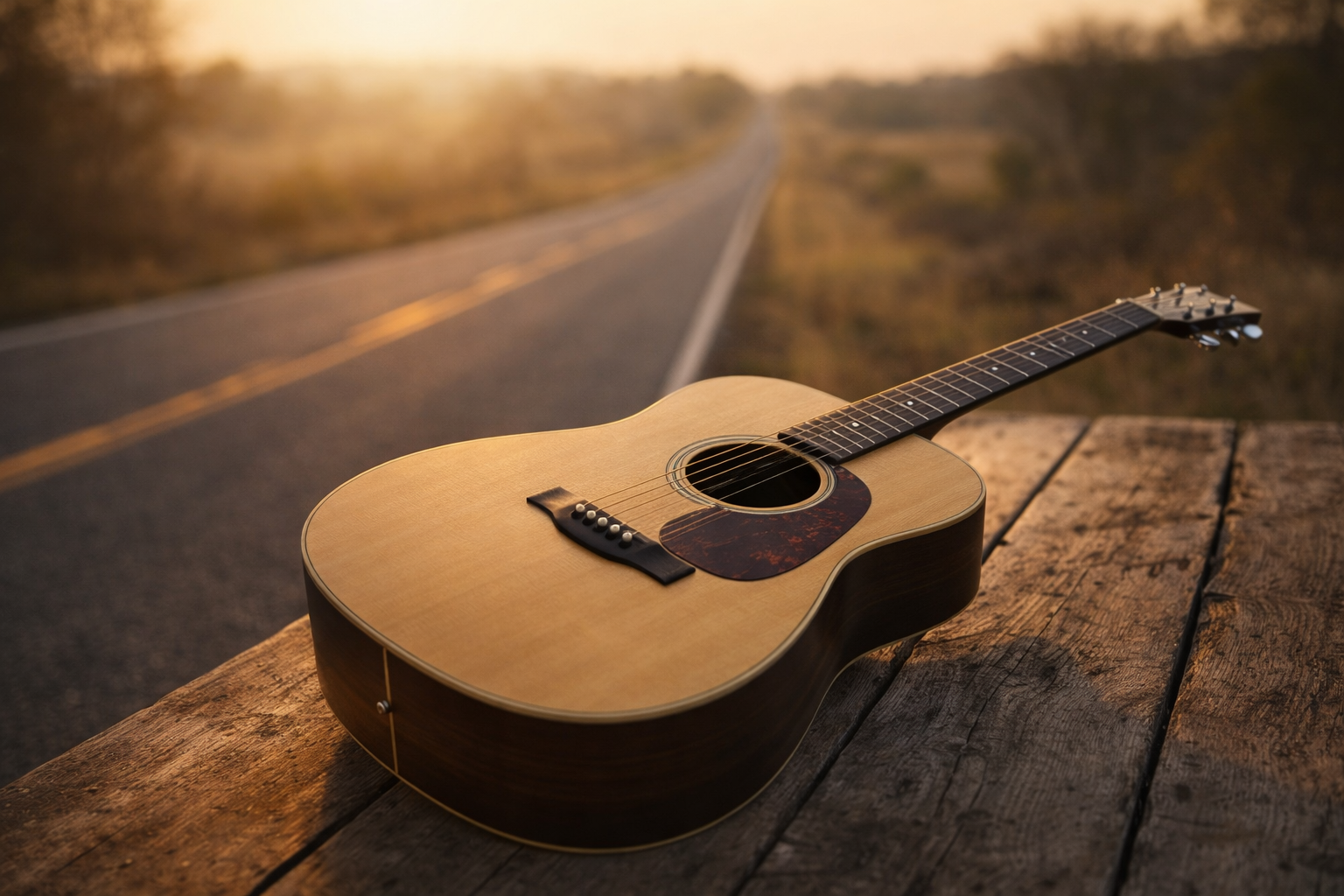 Guitar on wooden table by road