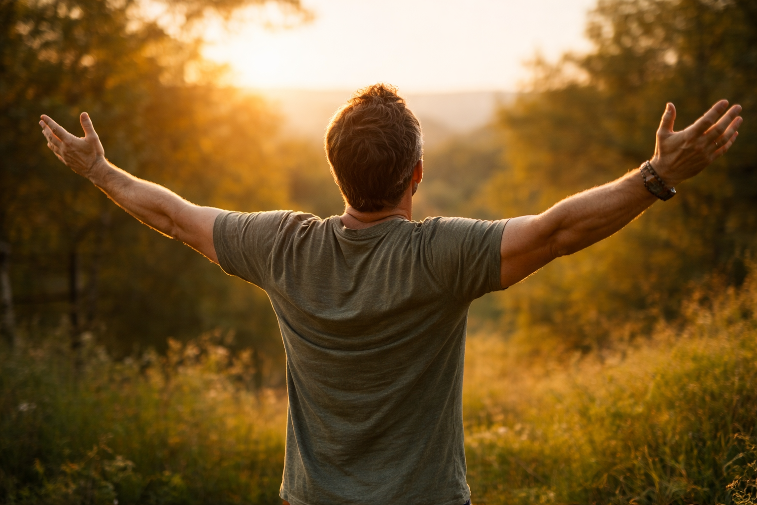 Man embracing nature at sunset.