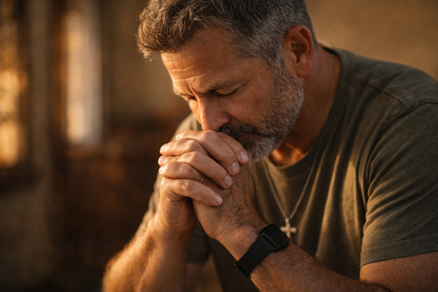 Contemplative man in soft lighting.